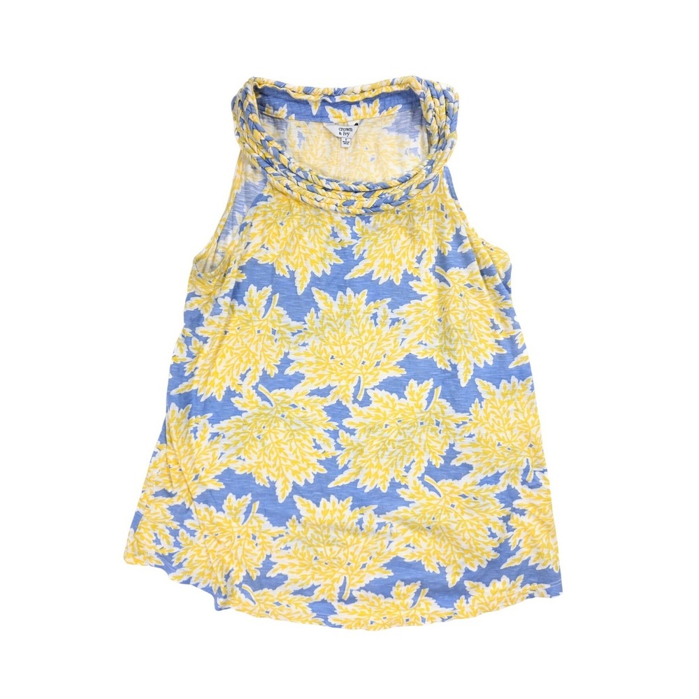 Crown & Ivy Yellow Blue Floral Print Braided Neck Tank Top Women's Size Small